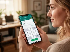 Kobieta trzyma smartfon z widocznym portfelem cyfrowym, a w tle unosi się hologram złotej monety symbolizującej walutę TikTok.