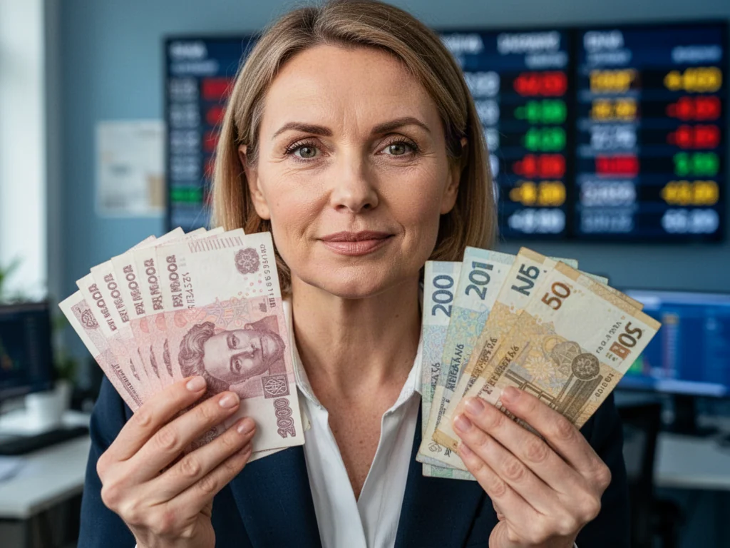 Kobieta trzymająca w dłoniach polskie złote oraz ukraińskie hrywny na tle tablicy z kursami walut.