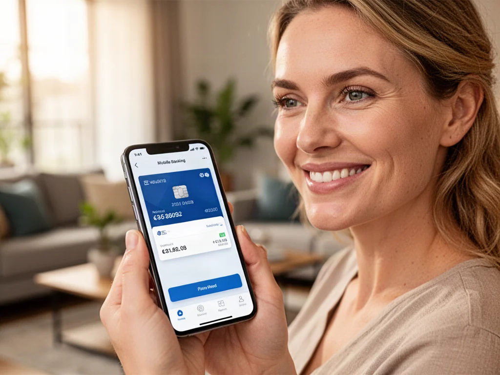 Uśmiechnięta kobieta korzystająca z aplikacji mobilnej banku na smartfonie w przytulnym salonie.