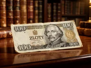 Banknot 50 zł otoczony estetycznymi przedmiotami, takimi jak sukulent, kawa i notatnik, na drewnianym stole.