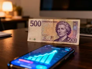 Kolekcjoner oglądający starożytną złotą monetę przez lupę, otoczony zabytkowymi przedmiotami numizmatycznymi.