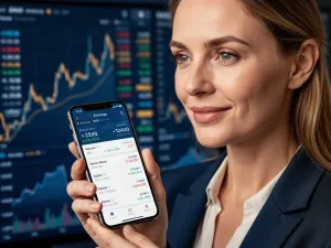 Kobieta trzymająca smartfon z aplikacją do przeliczania walut na tle tętniącego życiem tureckiego bazaru.