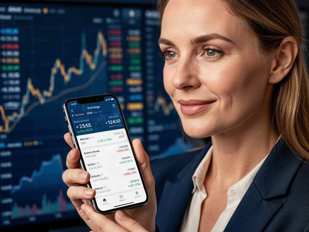 Kobieta trzymająca smartfon z aplikacją do wymiany walut na tle wykresów finansowych.