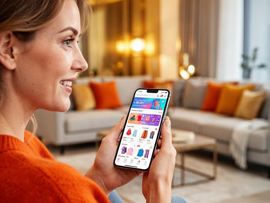 Kobieta trzymająca smartfon z otwartą aplikacją zakupową w przytulnym salonie, zachęcająca do korzystania z promocji.