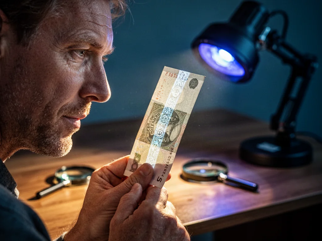 Mężczyzna sprawdza autentyczność banknotu 100 zł, podświetlając go w celu weryfikacji znaku wodnego i zabezpieczeń.
