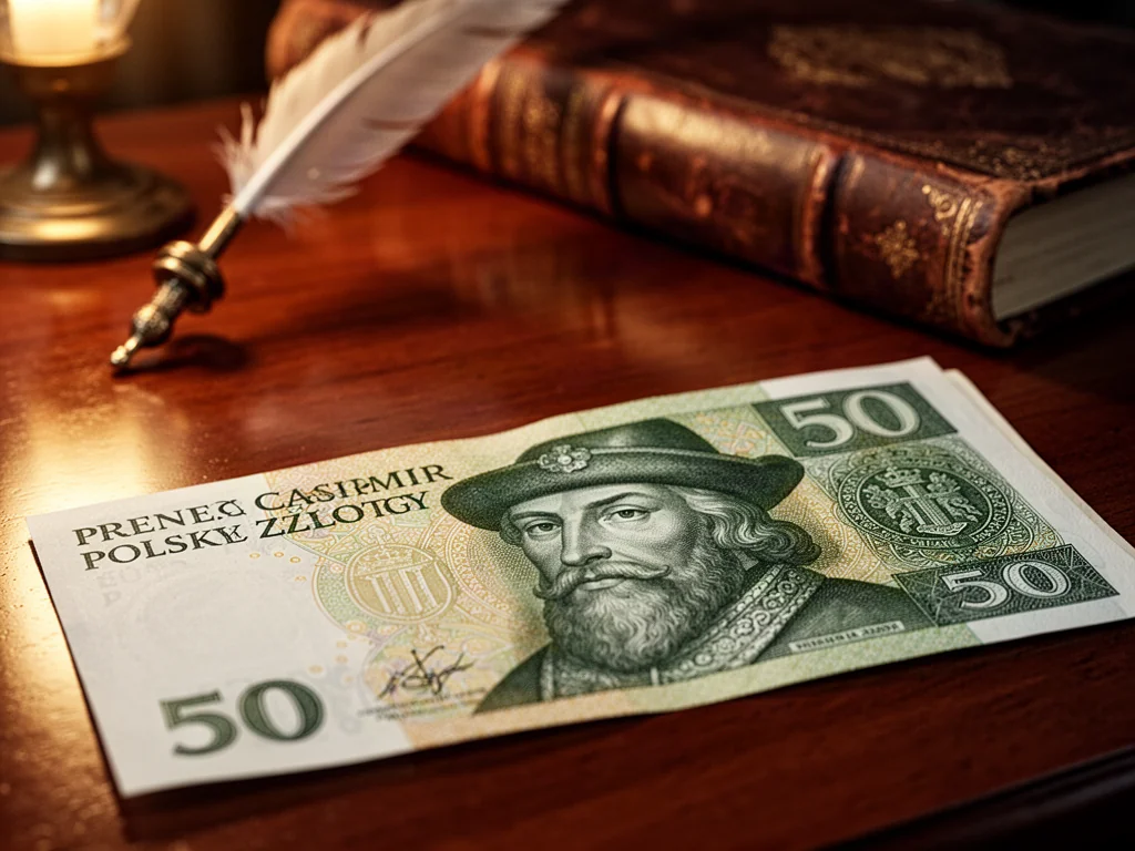 Banknot 50 zł z portretem Kazimierza Wielkiego leżący na biurku w otoczeniu przedmiotów nawiązujących do historii Polski.