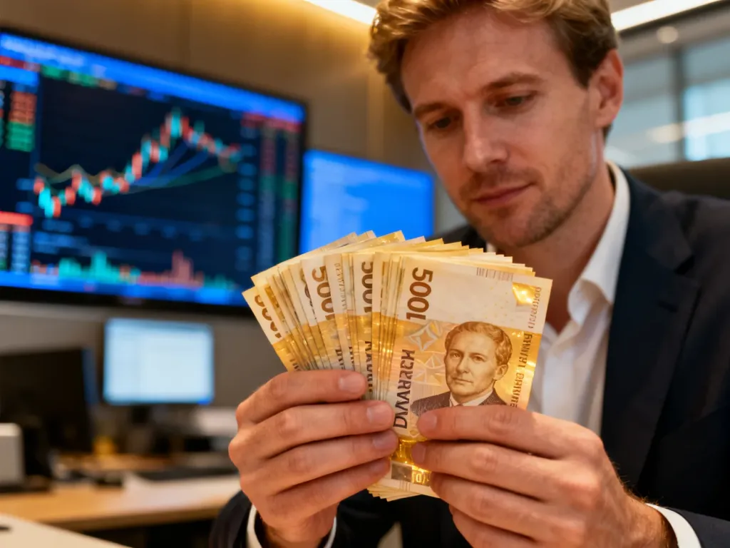 Mężczyzna trzymający w dłoniach duńskie korony na tle nowoczesnego biura finansowego z wykresami walut.