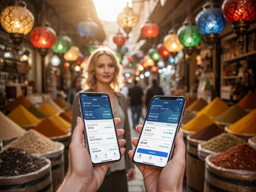 Kobieta trzymająca smartfon z aplikacją do przeliczania walut na tle tradycyjnego tureckiego bazaru.