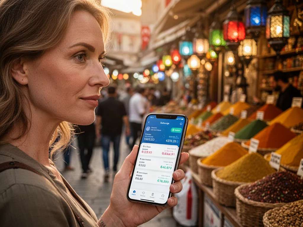 Kobieta trzymająca smartfon z aplikacją do przeliczania walut na tle tętniącego życiem tureckiego bazaru.