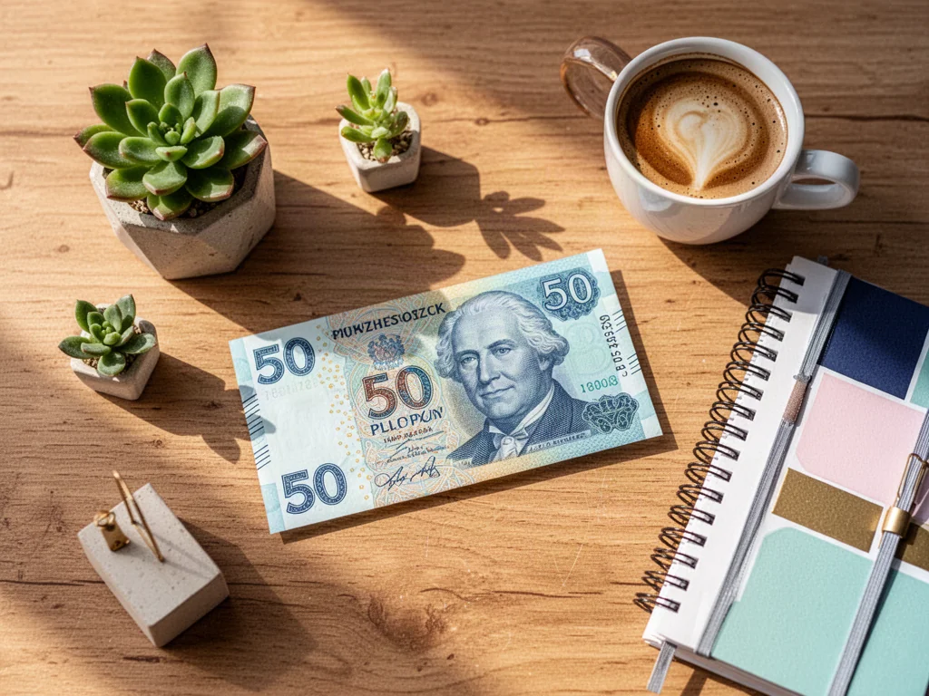 Banknot 50 zł otoczony estetycznymi przedmiotami, takimi jak sukulent, kawa i notatnik, na drewnianym stole.