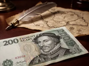 Mężczyzna sprawdza autentyczność banknotu 200 zł przy użyciu lampy UV, eksponując zabezpieczenia i hologram.