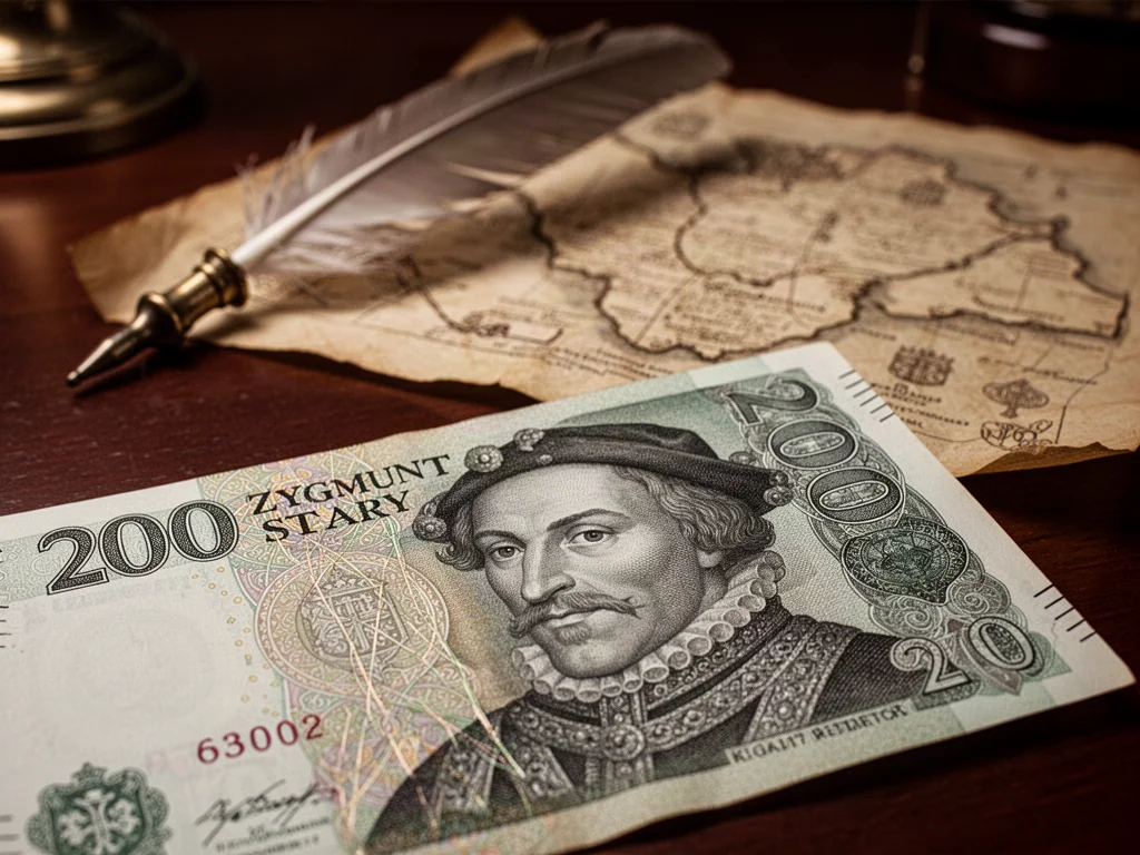 Banknot 200 zł z wizerunkiem króla Zygmunta I Starego leżący na biurku obok pióra i starej mapy.