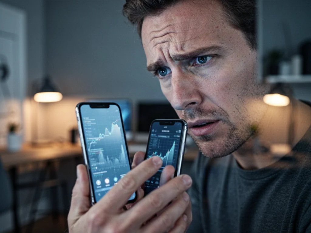Zaniepokojony mężczyzna trzymający smartfon w domowym biurze, symbolizujący problemy z płatnościami mobilnymi.