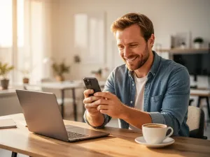 Kobieta trzymająca smartfon z aplikacją do wymiany walut na tle wykresów finansowych.