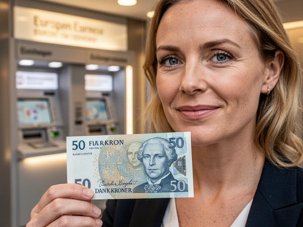 Kobieta trzymająca w dłoni duński banknot o nominale 50 koron na tle kantoru walut.