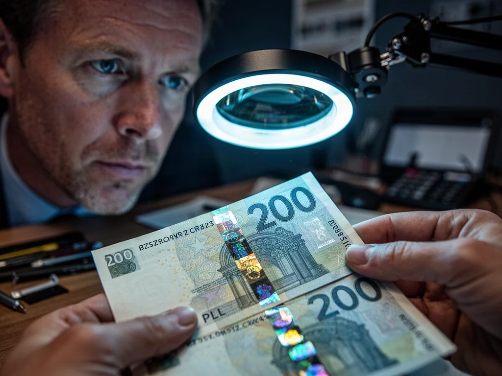 Mężczyzna sprawdza autentyczność banknotu 200 zł przy użyciu lampy UV, eksponując zabezpieczenia i hologram.