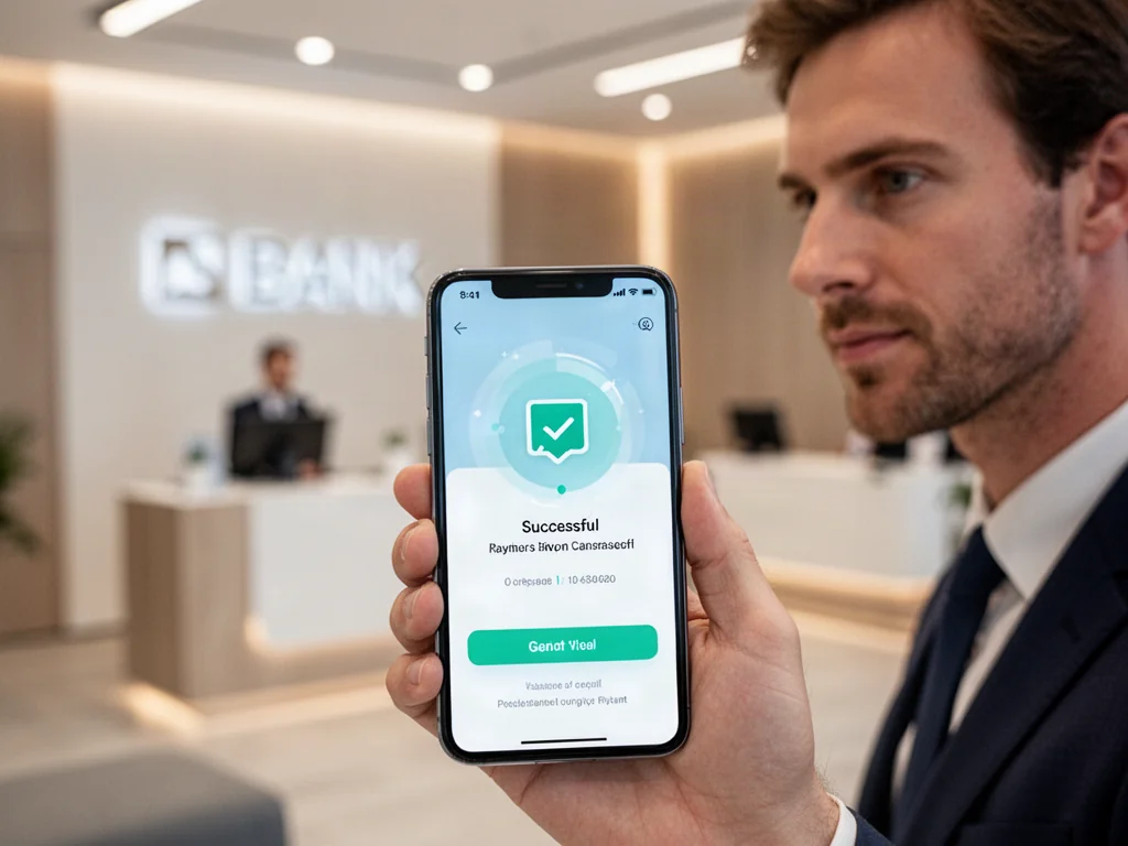 Mężczyzna trzymający smartfon z potwierdzeniem udanego przelewu bankowego na ekranie.