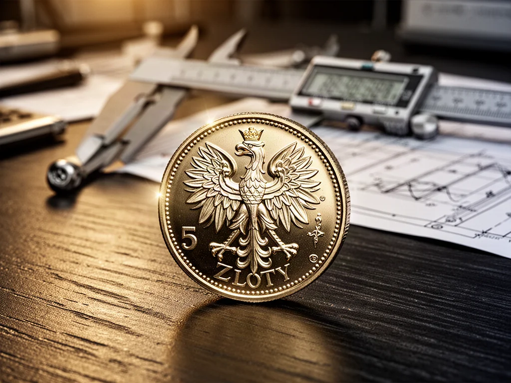 Zbliżenie na monetę 5-złotową z widocznym godłem orła, leżącą na drewnianym blacie w otoczeniu narzędzi pomiarowych.