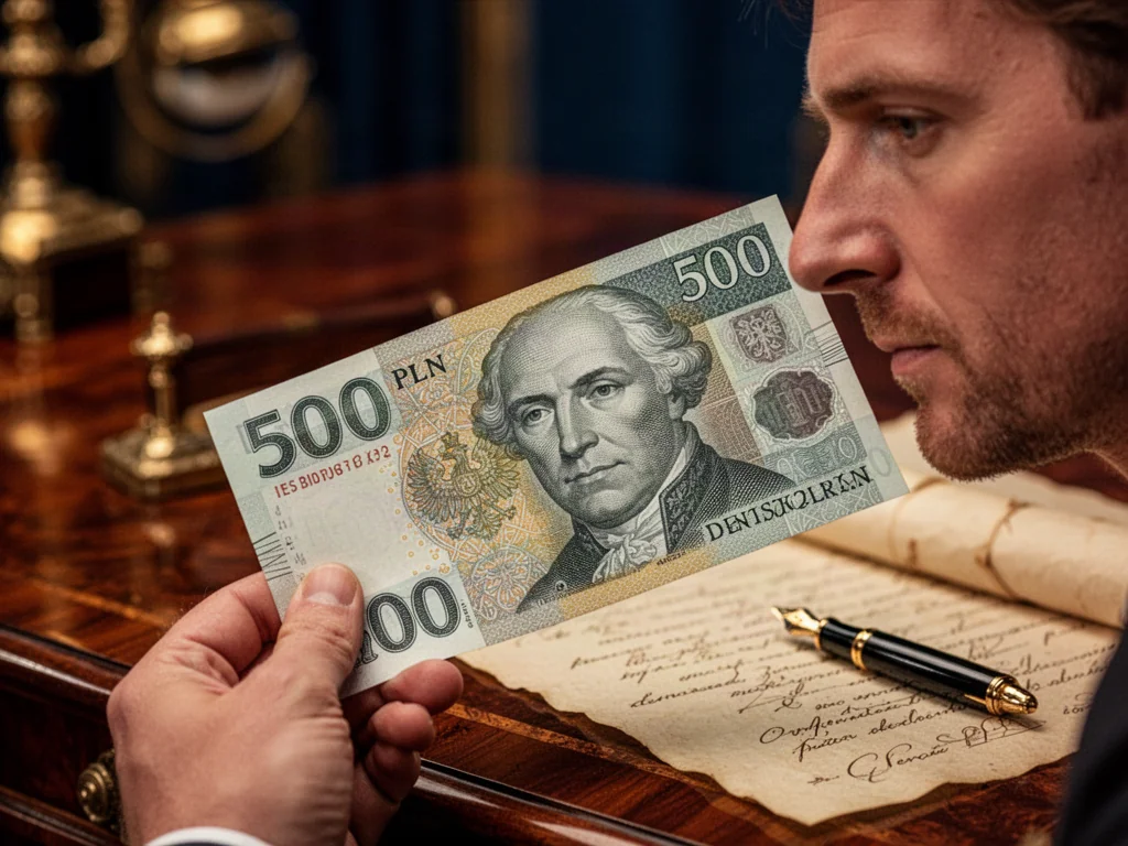 Zbliżenie na banknot 500 zł z portretem króla Jana III Sobieskiego, leżący na eleganckim biurku z piórem i pergaminem.