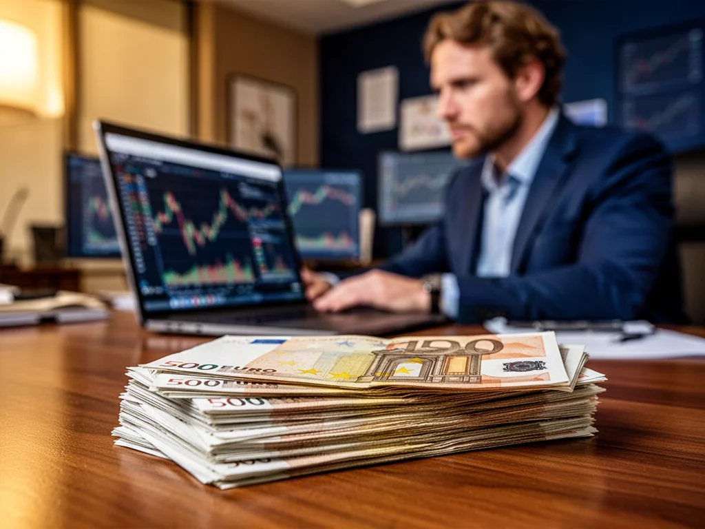 Stos banknotów euro na biurku oraz pracujący w tle analityk finansowy, symbolizujący operacje na walutach.