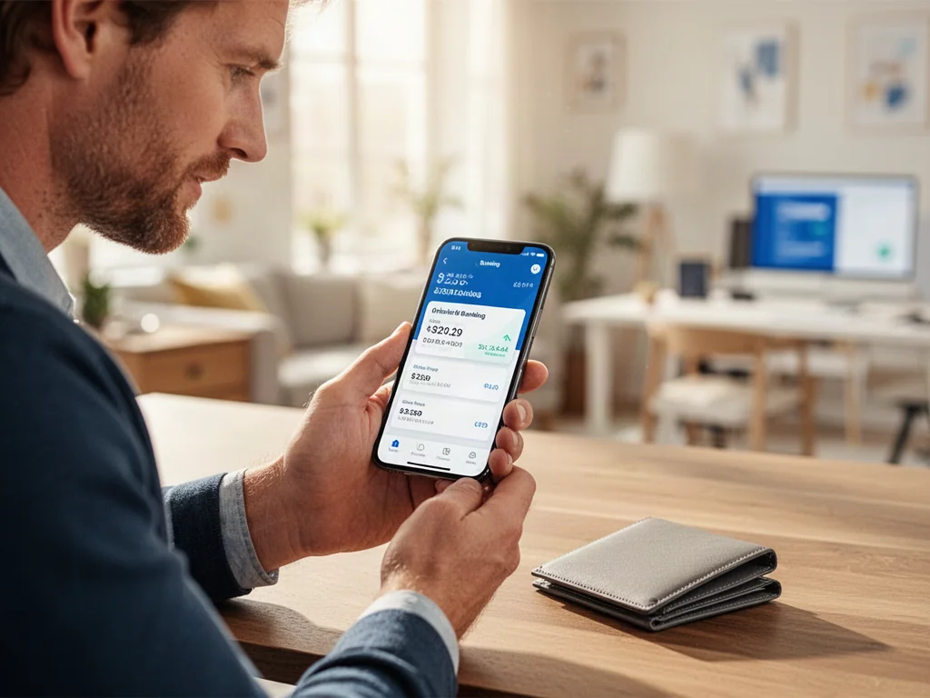 Mężczyzna korzystający z aplikacji bankowej na smartfonie przy biurku w domowym biurze.