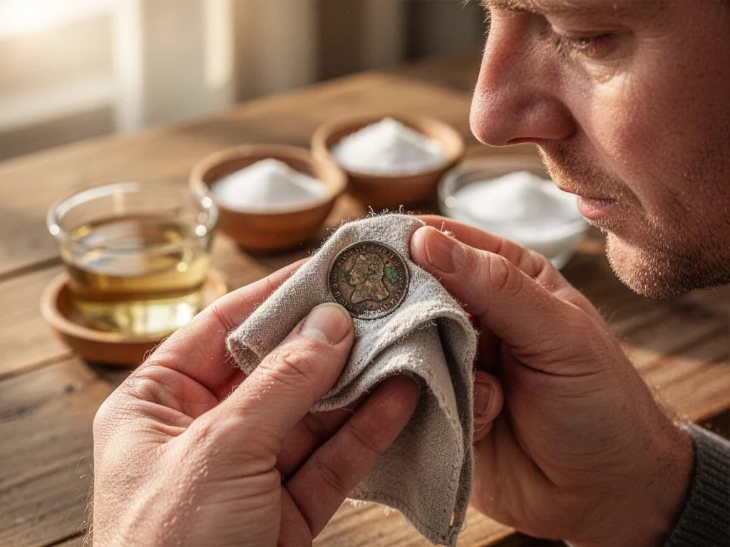 Osoba czyści zaśniedziałą monetę miękką ściereczką przy użyciu domowych środków, takich jak ocet i soda oczyszczona.