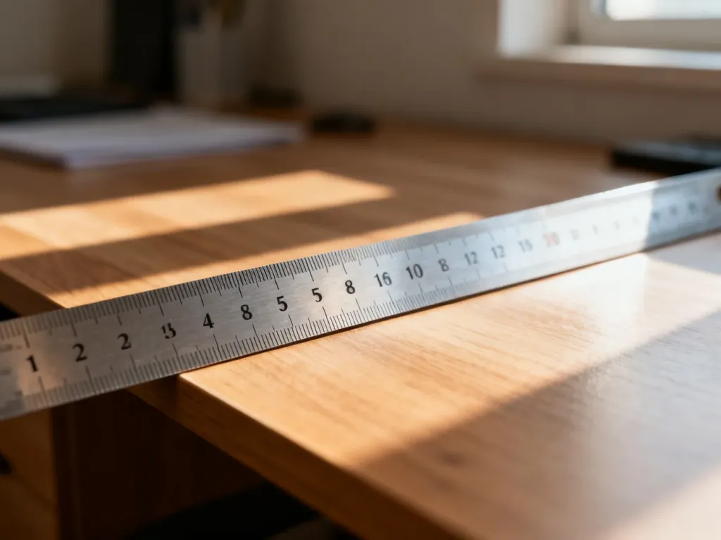 Metalowa linijka na drewnianym biurku z wyraźną podziałką w centymetrach i calach, ułatwiająca precyzyjne pomiary.