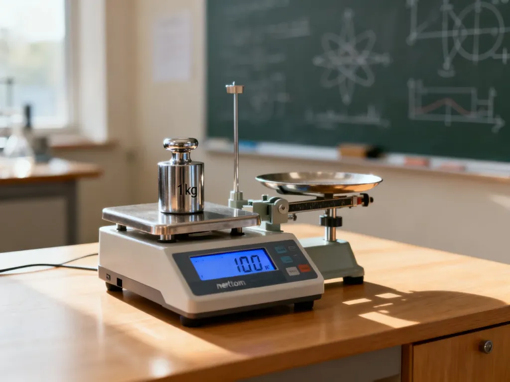 Waga laboratoryjna z odważnikiem 1 kg na drewnianym blacie, ilustrująca przelicznik masy na siłę w niutonach.