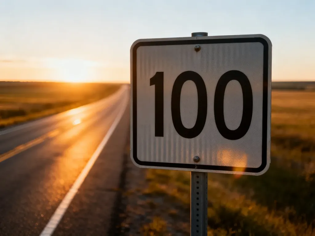 Metalowy znak drogowy z liczbą 100 na tle autostrady o zachodzie słońca, symbolizujący dystans w podróży.