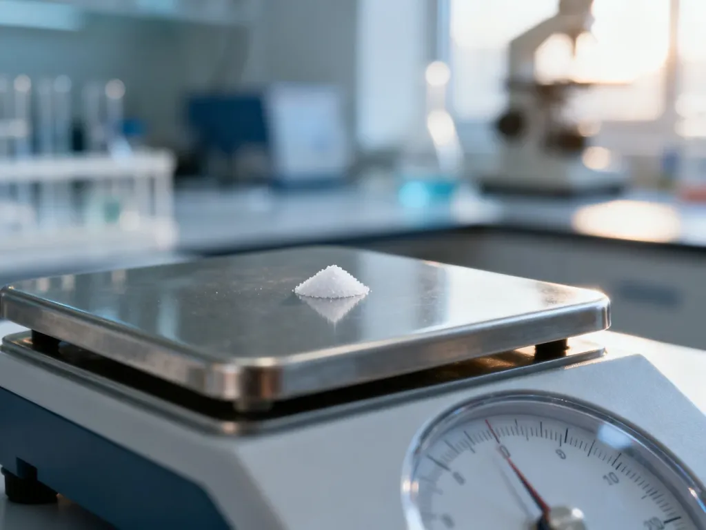 Precyzyjna waga laboratoryjna odmierzająca pojedyncze ziarnko soli, ilustrująca dokładność pomiaru bardzo małych mas.