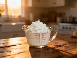 Zabytkowa mosiężna waga kuchenna z ziarnami pszenicy na rustykalnym stole, ilustrująca proces ważenia produktów.