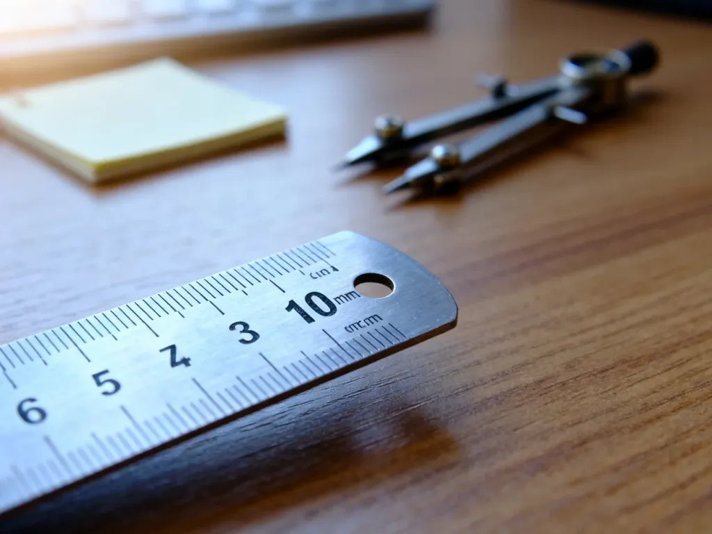 Metalowa linijka na drewnianym biurku z wyraźnym oznaczeniem 10 mm i 1 cm, ilustrująca przelicznik jednostek długości.