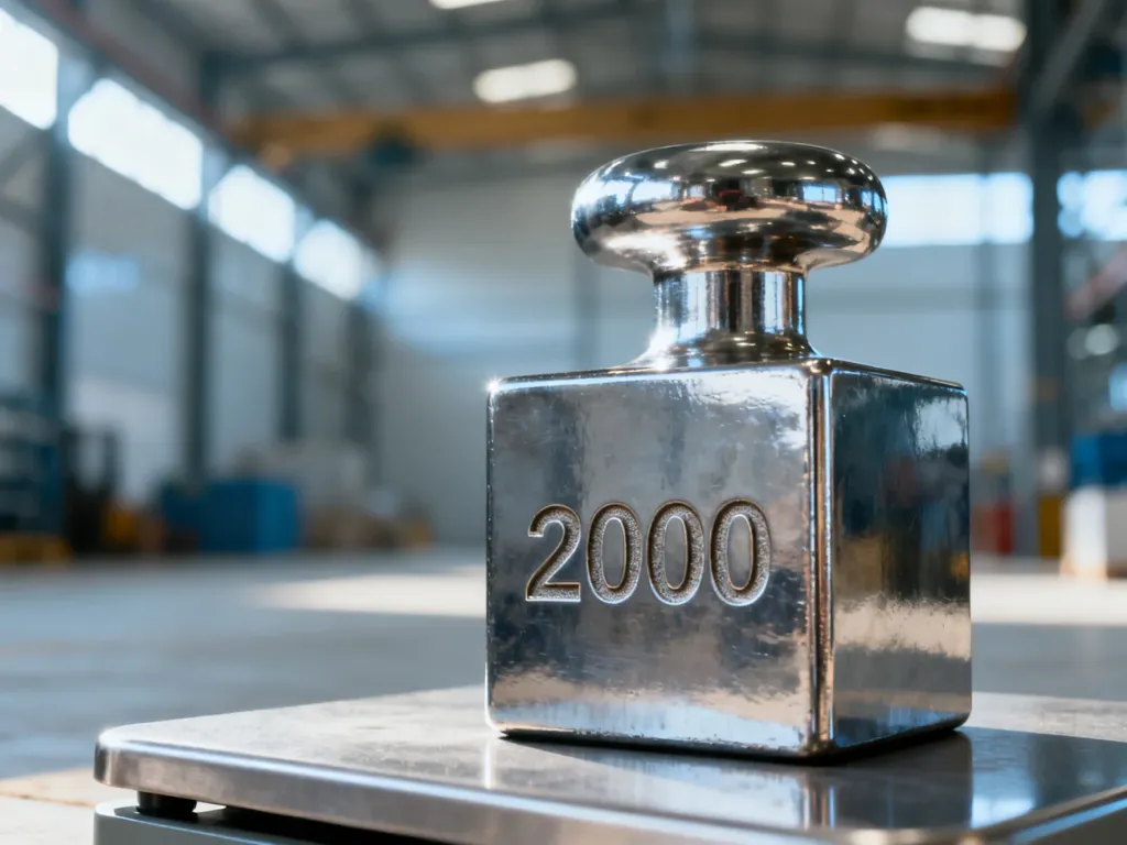 Metalowy odważnik z wygrawerowaną liczbą 2000 na minimalistycznym tle, symbolizujący przeliczenie ton na kilogramy.
